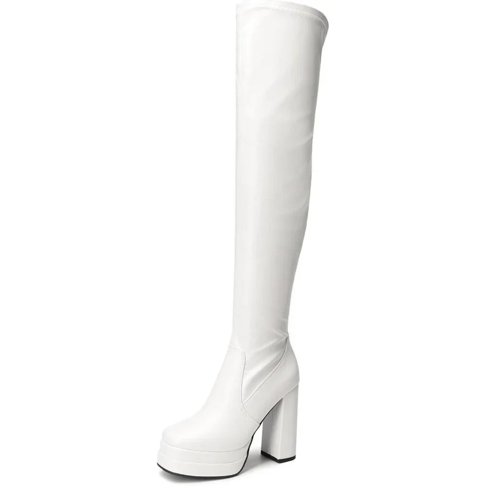 Women's White Polyurethane (PU) Square Toe Over The Knee Thigh High Long Boots